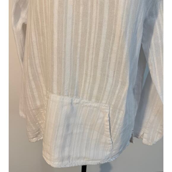 Xirena White Cotton Stripe Popover Blouse Gauze Pocket Long Sleeve Top Size M - Picture 2 of 9